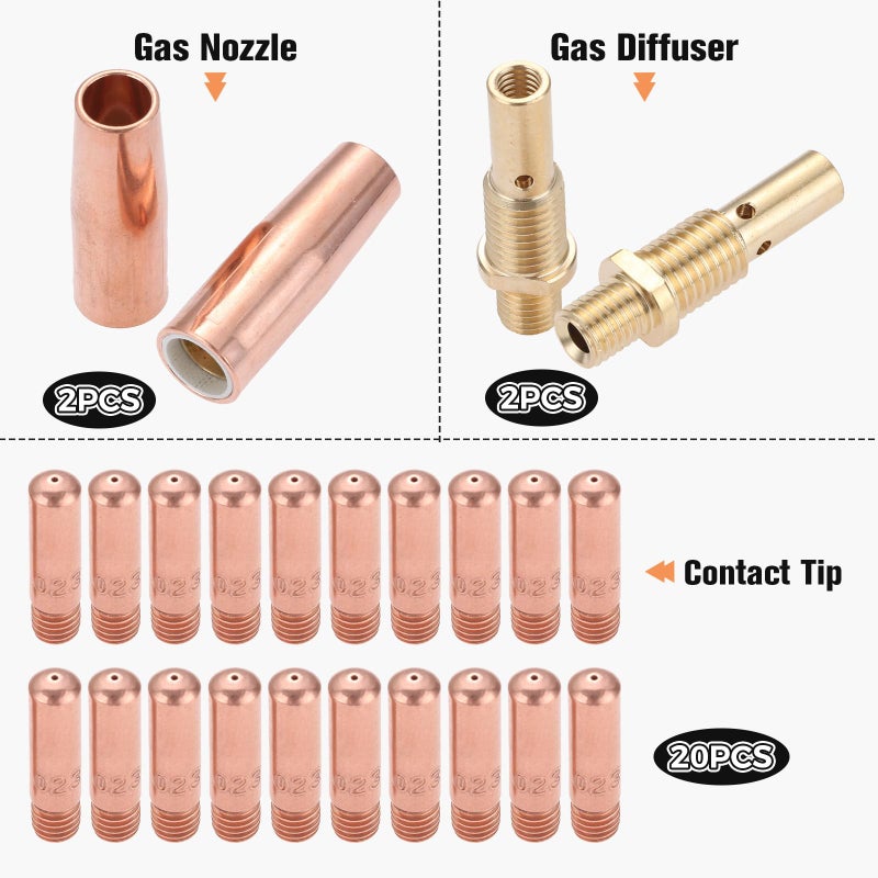 DRELD Mig Welding Gun Kit 0.023" Tip-Nozzle-Diffuser Replacement for Lincoln Magnum 100L Tweco Mini/#1: 20pcs Contact Tips 11-23 0.023" + 2pcs Gas Nozzles 21-50 1/2" + 2pcs Gas Diffuser 35-50 (Pack of 24) - Image 3